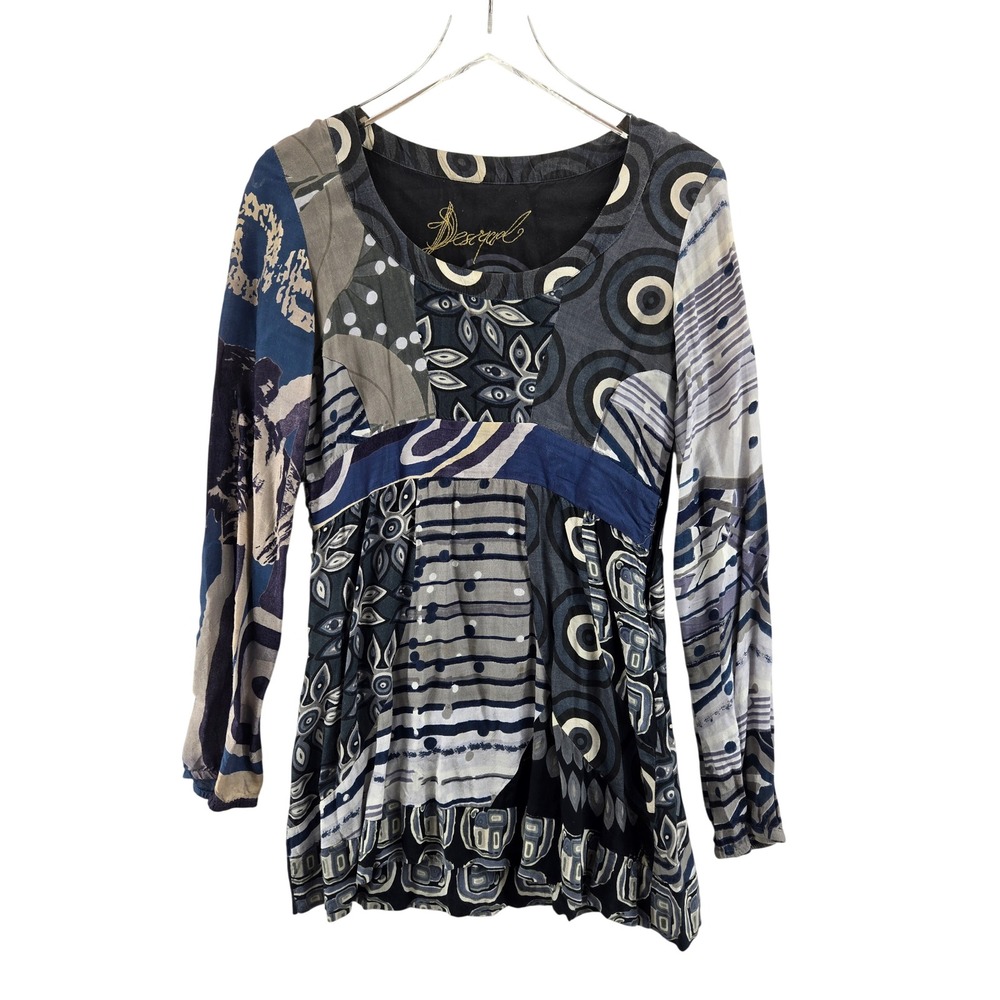 Desigual Vintage Womens Patchwork Mixed‎ Media Long Sleeve Tunic Top Y2K Flawed